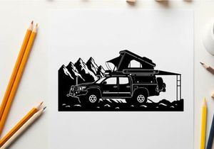 Silhouette of a car with a rooftop tent in a mountainous landscape silhouette