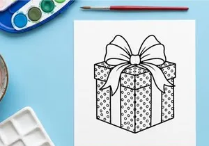 Christmas gift box with polka dot pattern and ribbon bow, black and white line art drawing.
