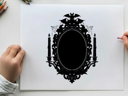 Silhouette of ornate mirror with bats and candelabras silhouette