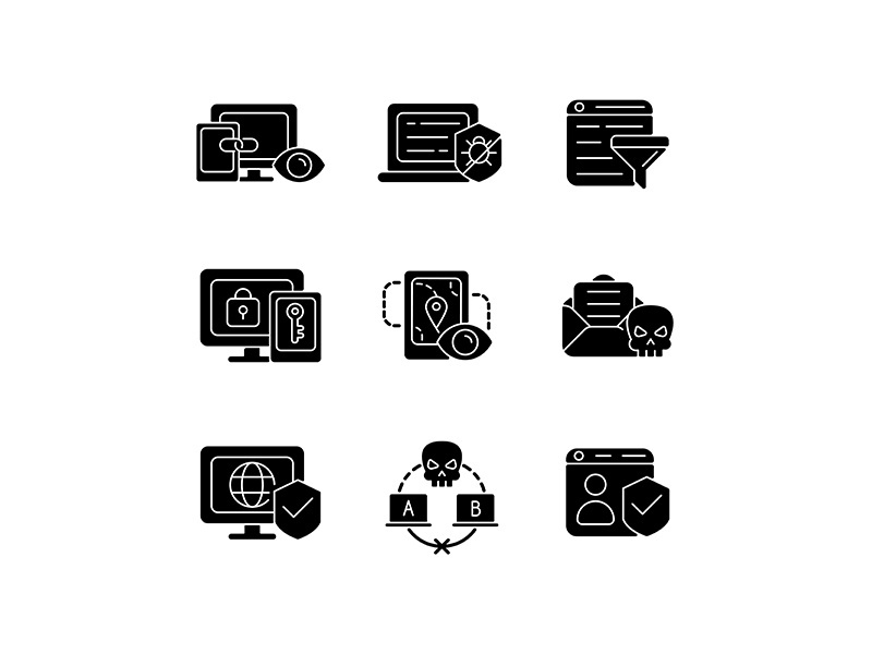 Internet surveillance black glyph icons set on white space