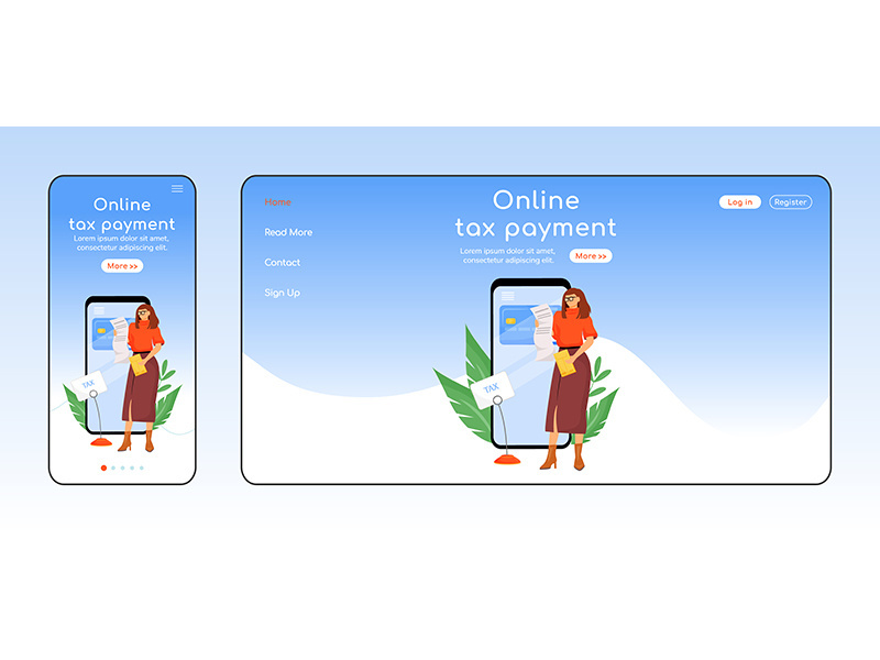 Online tax payment adaptive landing page flat color vector template