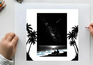 Silhouette of a person on a beach at night with palm trees and milky way