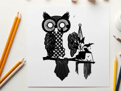 Owl silhouette perched beside a hanging plant