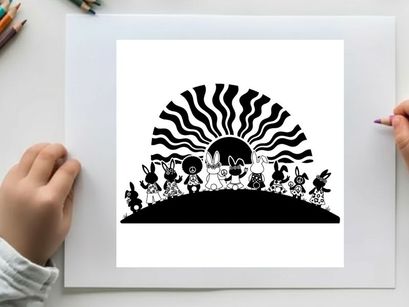 Silhouette of rabbits watching a wavy sunset silhouette