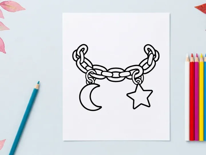 Charm bracelet with moon and star icons. Celestial jewelry line art vector illustration.