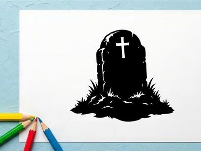 Silhouette of a Cross on a Tombstone in Graveyard Scene