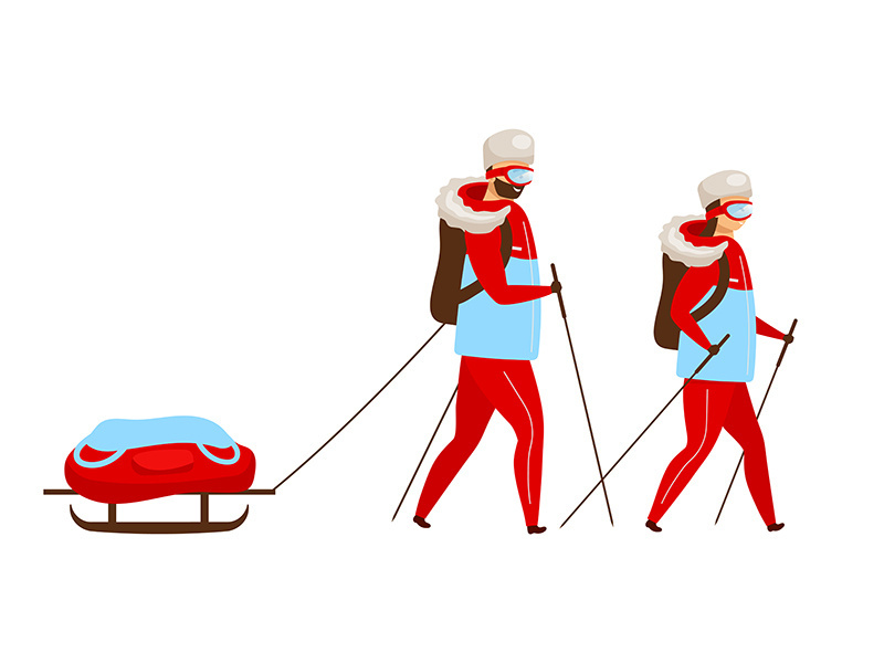 Trekking team flat color vector illustration