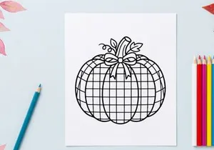 Plaid pumpkin line art illustration. Autumn harvest vegetable drawing with a decorative bow.