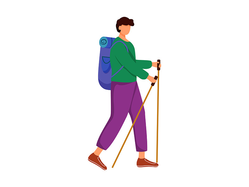 Man with hiking sticks flat vector illustration