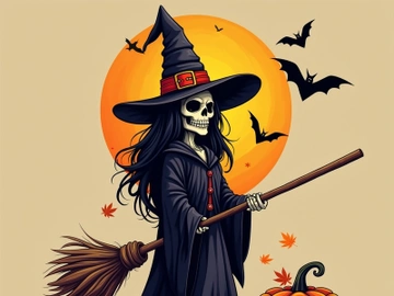 A cartoon illustration presents a skeleton witch with a broom preview picture