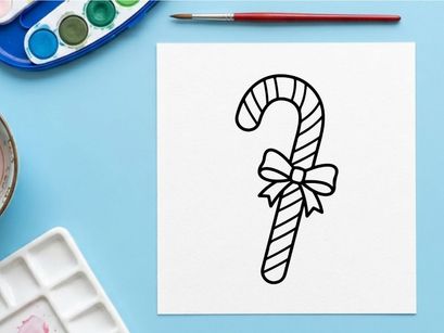 Christmas candy cane line art illustration with a decorative bow for holiday design