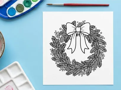 Christmas wreath line art illustration with pine branches and a decorative ribbon bow
