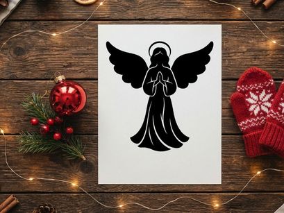 Silueta negra de un ángel en oración con alas y halo aislado sobre fondo blanco