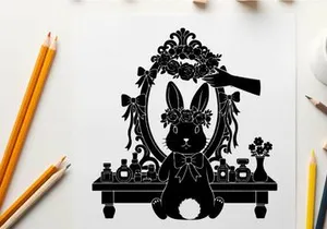 Silhouette of a rabbit in front of a vanity with makeup
