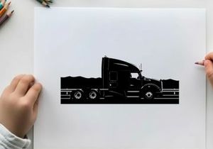 Silhouette of a large truck driving on the highway at sunset silhouette