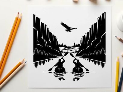 Silhouette of two kayakers paddling through a scenic river gorge silhouette