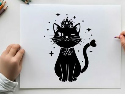 Regal silhouette cat in crown and bow tie with stars
