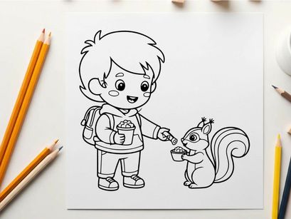Boy feeding squirrel flat design vector illustration