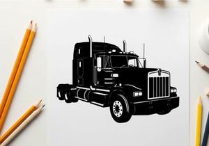 Silhouette of a large black semi truck with grill and wheels