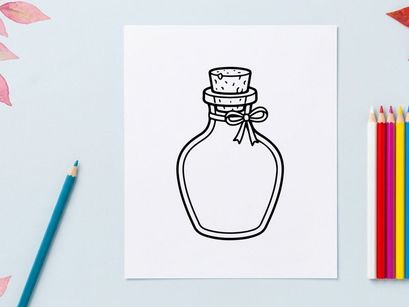 Botol ramuan kaca kosong dengan gabus. Coretan tangan sketsa kecil botol apotek vintage.