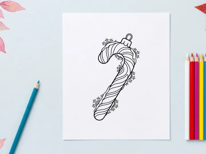 Christmas candy cane ornament line art illustration with snowflakes for holiday coloring page