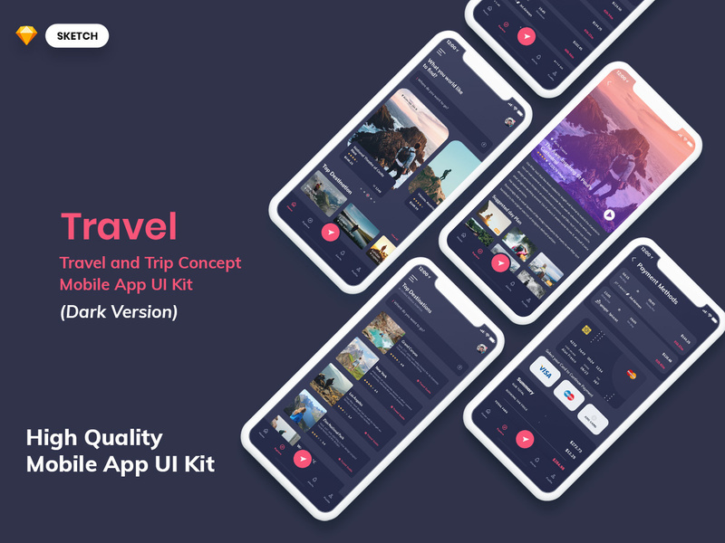 Travel Mobile App UI Kit Dark Version (SKETCH)