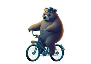 Vintage Bear riding a bike in floral countryside road, isolated in white background.