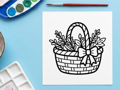 Hand-drawn Halloween gift basket with floral ribbon. Spooky season wicker container illustration for festive decor and party favors.