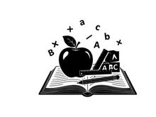 Silhouette of apple and books with floating alphabet silhouette