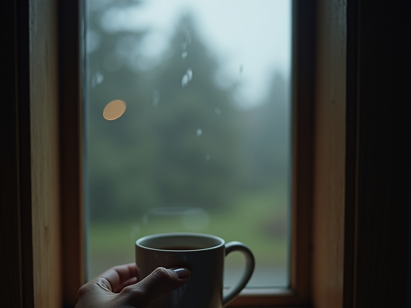 A hand holds a mug near a rain-streaked window, creating a cozy, contemplative moment.