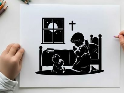 Silhouette of child and dog praying before bed at night