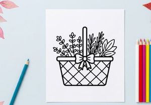 Hand-drawn Halloween gift basket with floral decorations. Spooky themed woven container filled with autumn plants and festive ribbon bow.