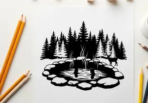Serene forest scene with silhouette of deer by a pond