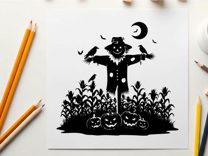 Scarecrow silhouette standing in a cornfield at night