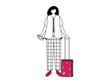 Girl tourist with suitcase and boarding pass flat contour vector illustration preview picture