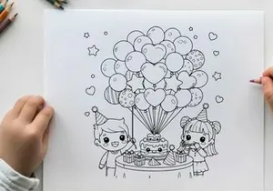 Kids birthday party with balloons and cake vector illustration