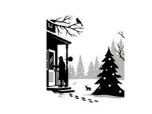 Winter scene silhouette with christmas tree and person on porch
