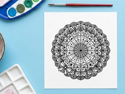 Intricate white lace mandala design on black background. Elegant circular floral pattern for crafting and digital art.
