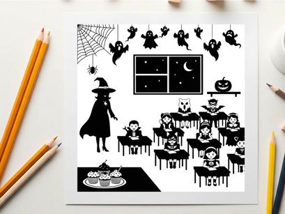 Halloween classroom scene with witch and children in silhouette