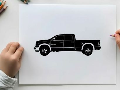 Silhouette of a black pickup truck with white accents