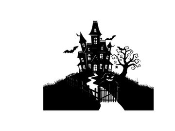 Spooky silhouette of haunted house on hill with jack o lantern preview picture