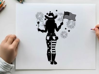 Patriotic american silhouette with flag and fireworks