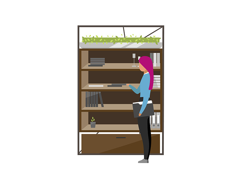 Office worker standing near cabinet flat color vector faceless character