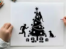 Christmas tree silhouette with dog and running man