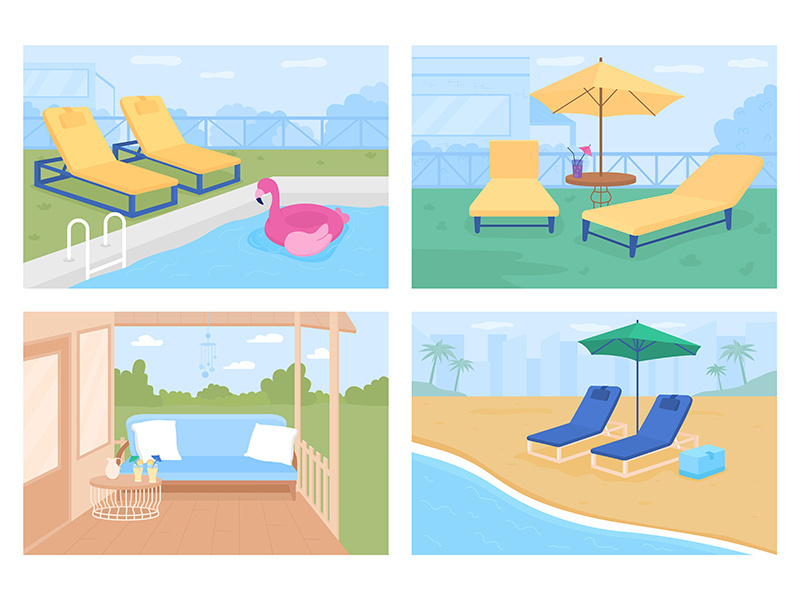 Outdoor patio ideas flat color vector illustration set