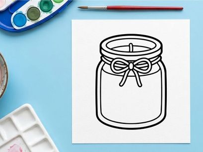 Scented candle in a glass jar icon. Simple line art drawing of a decorative wax candle.