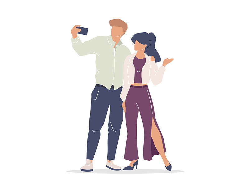 Models taking selfie flat color vector faceless characters