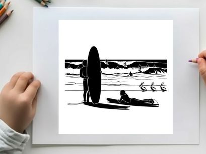 Silhouette of surfer and people at the beach with surfboard
