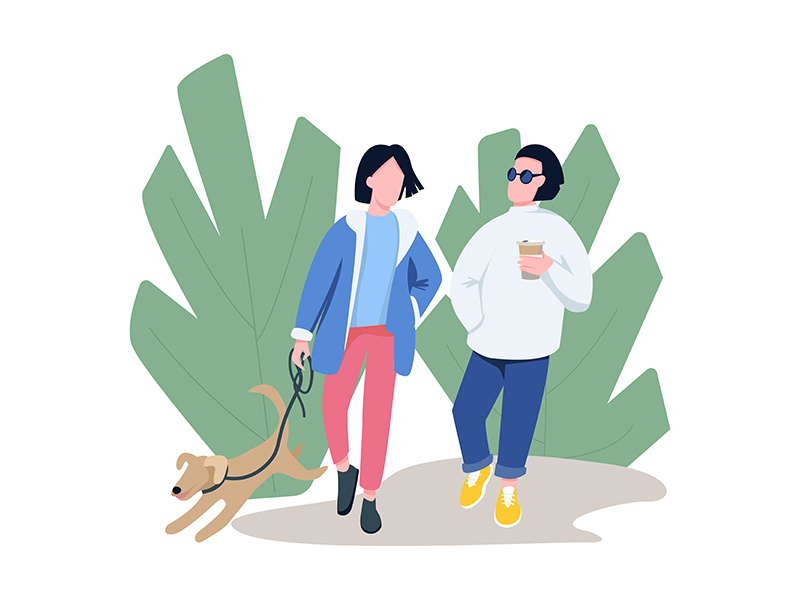 Friends walking with pet flat color vector faceless characters