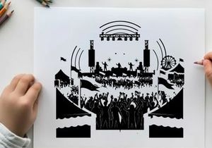 Concert silhouette with crowd and stage equipment